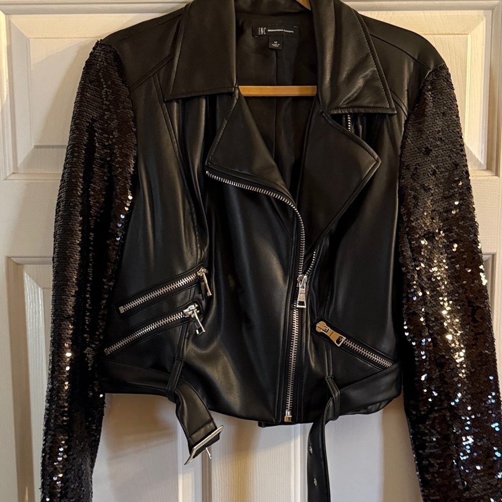 INC International Concepts Black Faux Leather Jacket with Sequin Sleeves